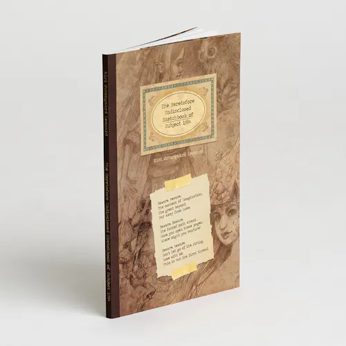 A custom booklet printed with illustrated sketches on the sepia-toned cover.