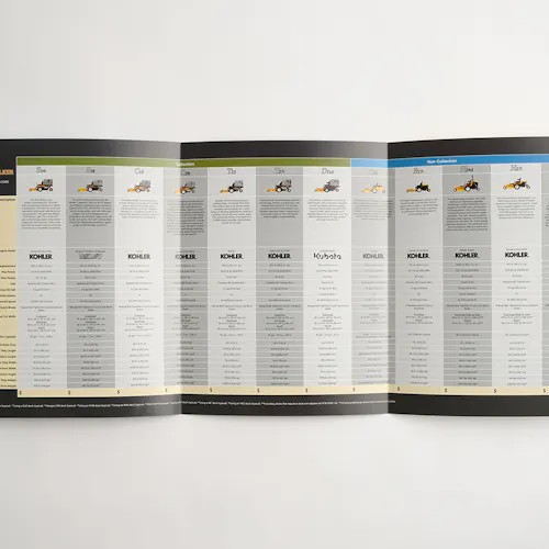 A Walker Mower brochure laying open to a comparison chart of lawn mowers and their specs.