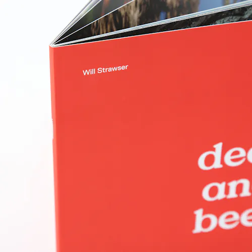 A marketing booklet standing open with a red cover and white text on the front.