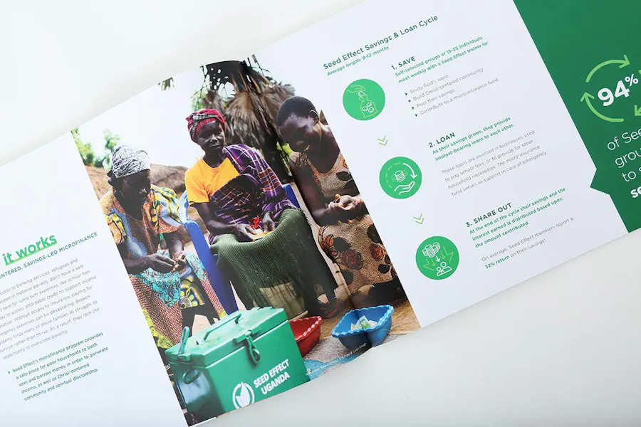 A nonprofit annual report booklet laying open to an image of three women sitting in a circle and company details.