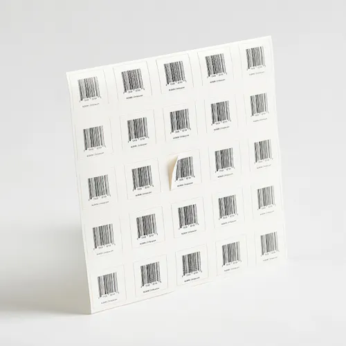WHITE POLYPROPYLENE – PERMANENT, 1.75 x 1.25", KISS CUT SHEET A sheet of product barcodes.