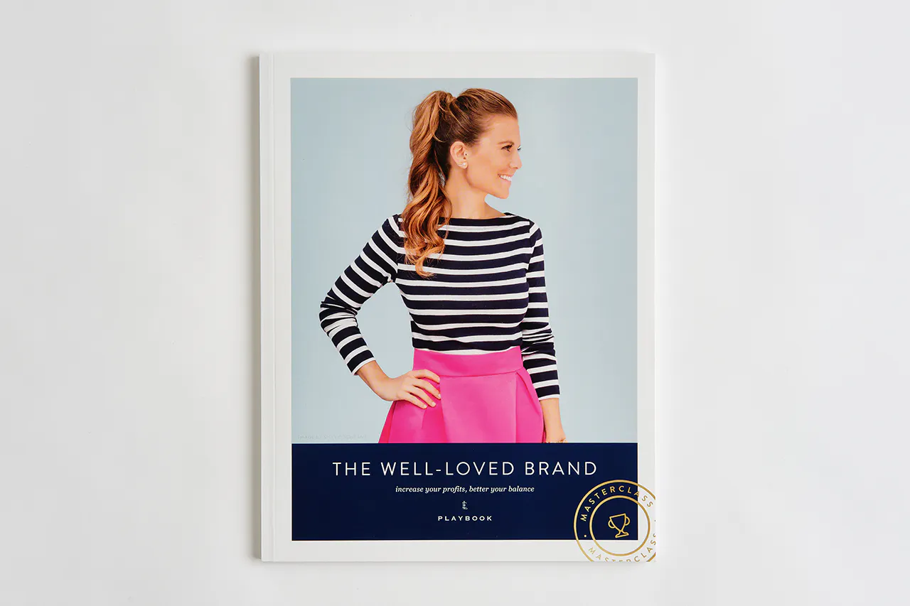 A custom marketing book printed with a woman in a striped top and The Well-Loved Brand on the cover.
