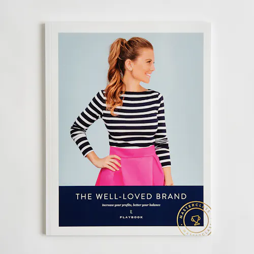 PERFECT BOUND BOOK: 80# COATED MATTE WHITE COVER WITH 100# UNCOATED SMOOTH WHITE TEXT INTERIOR PAGES AND FLAT MATTE UV COATING ON COVER, 9 X 6″ PORTRAIT FORMAT A custom marketing book printed with a woman in a striped top and The Well-Loved Brand on the cover.