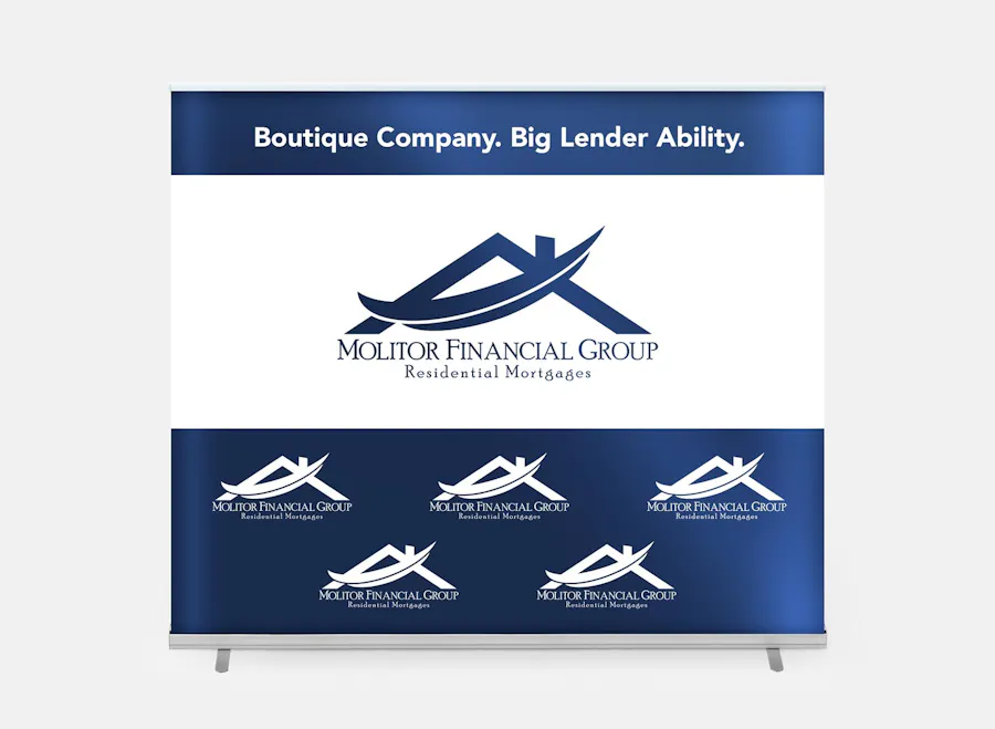A custom pop-up banner with a white and dark blue design and Molitor Financial Group in the center.