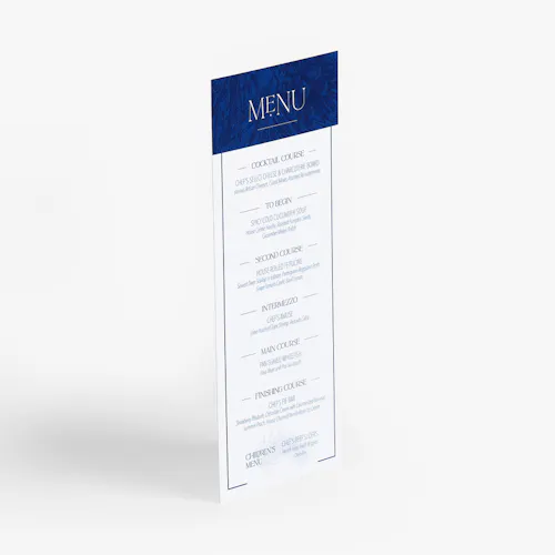 MENU CARD: #130 UNCOATED SMOOTH WHITE COVER, 4 X 9.25 A menu card for a wedding reception printed with a navy and white design and details for three courses.