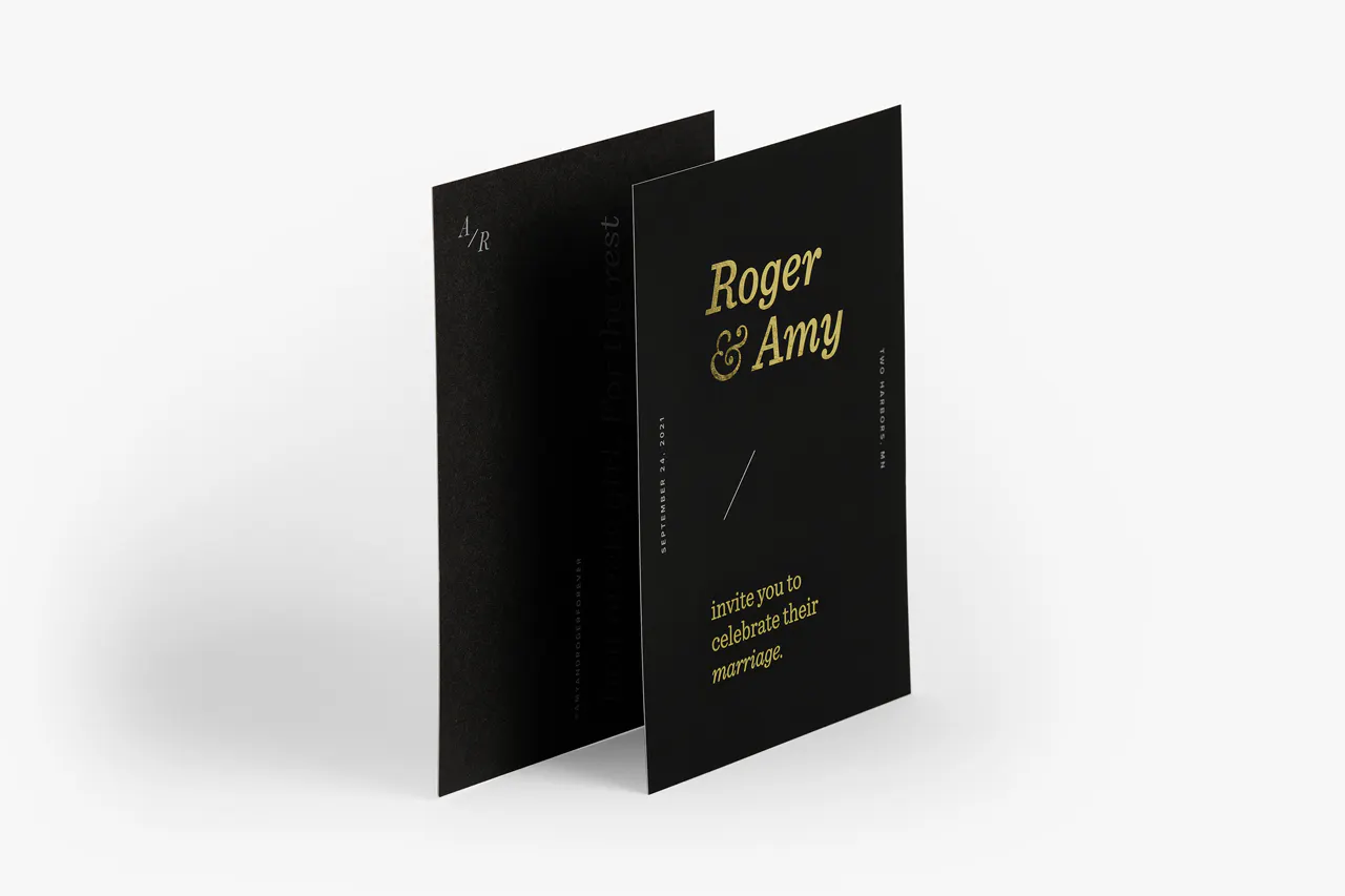 A black wedding invite custom printed with Roger & Amy invite you to celebrate their marriage in gold foil.