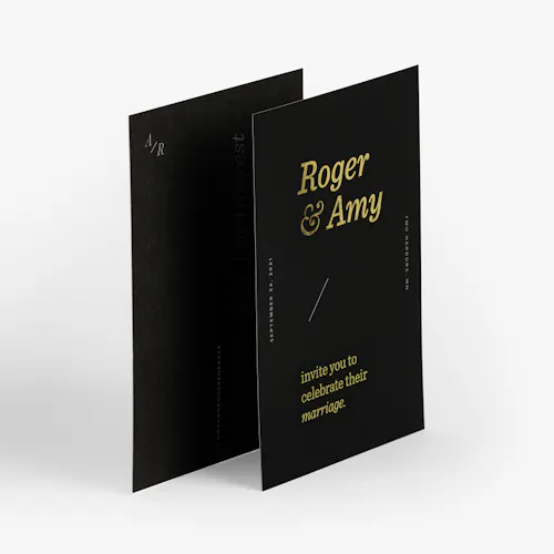 A black wedding invite custom printed with Roger & Amy invite you to celebrate their marriage in gold foil.