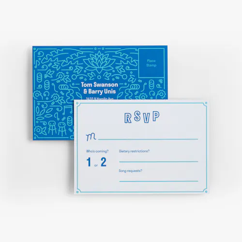 Two wedding RSVP cards printed with a blue design and lines for dietary restrictions and song requests.