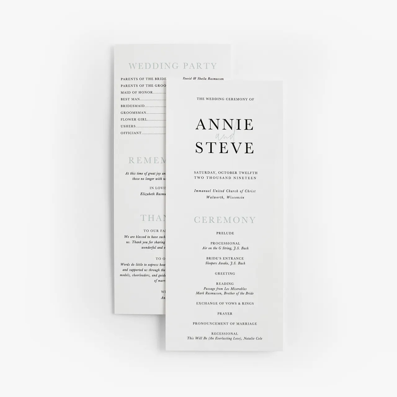A wedding program printed with The Wedding Ceremony of Annie & Steve in black.