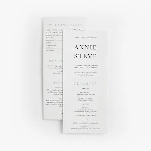 A wedding program printed with The Wedding Ceremony of Annie & Steve in black.