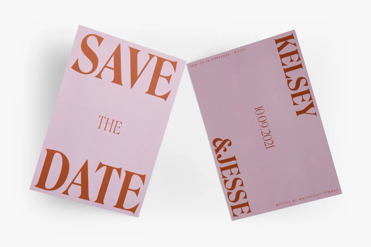 Two custom save the dates printed with a pink background and Kelsey & Jesse 10.09.2021 in burnt orange.