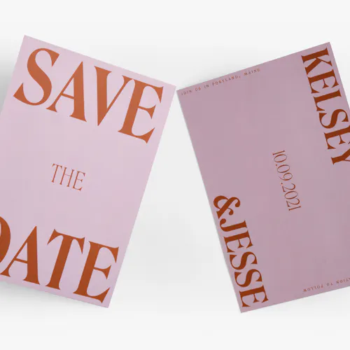 SAVE THE DATE CARD: 130# UNCOATED SMOOTH WHITE COVER, 5 X 7 Two custom save the dates printed with a pink background and Kelsey & Jesse 10.09.2021 in burnt orange.