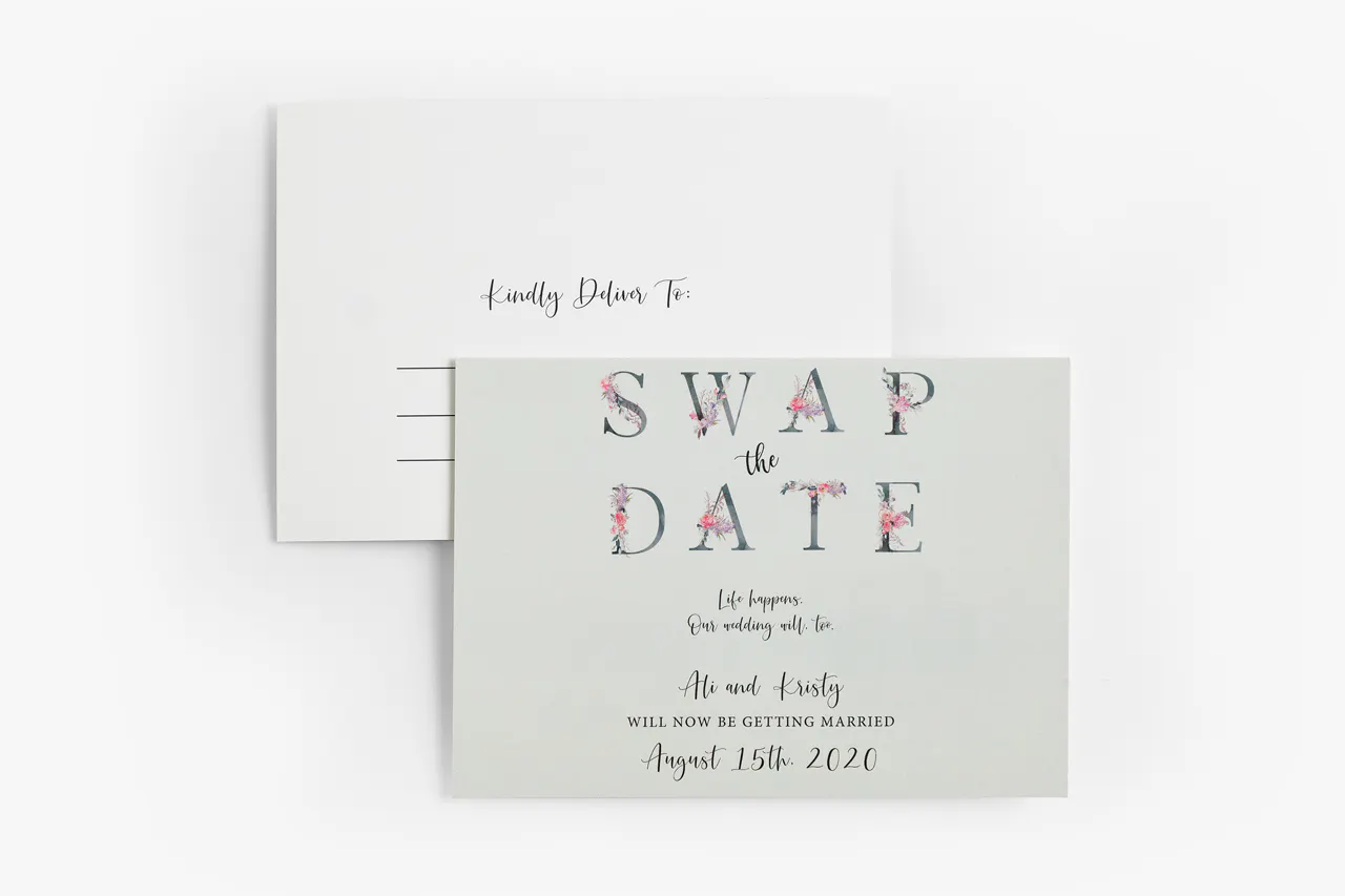 A sage green save the date invite printed with Swap the Date Life happens, our wedding will too and a white envelope.