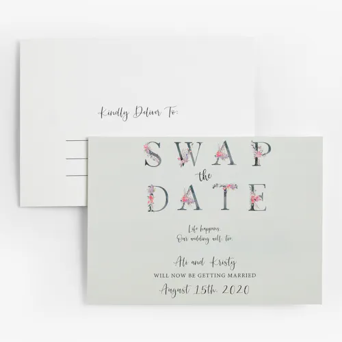 A sage green save the date invite printed with Swap the Date Life happens, our wedding will too and a white envelope.
