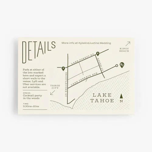 A wedding map card printed with a map of Lake Tahoe and streets near it, parking directions, attire requests and the time.