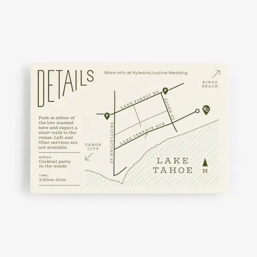 MAP CARD: 80# UNCOATED SMOOTH NATURAL COVER, 6 X 4" A wedding map card printed with a map of Lake Tahoe and streets near it, parking directions, attire requests and the time.