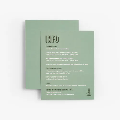 A green wedding invitation printed with Info at the top and accommodation, attire and registry details.