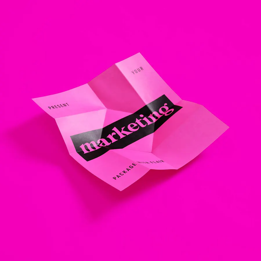A hot pink mailer unfolded with Present your marketing package with flair in black text.