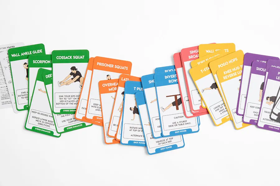 Fanned-out cards with training exercises and different colors on each one.