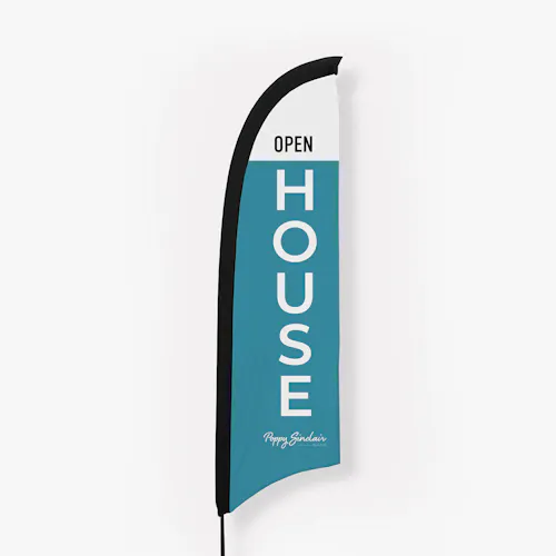 A feather flag printed as a real estate open house banner in white and dark teal color.