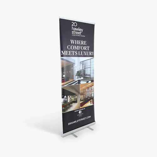 A real estate pop-up banner printed with 20 Hawley Street Where Comfort Meets Luxury above three floor plan images.