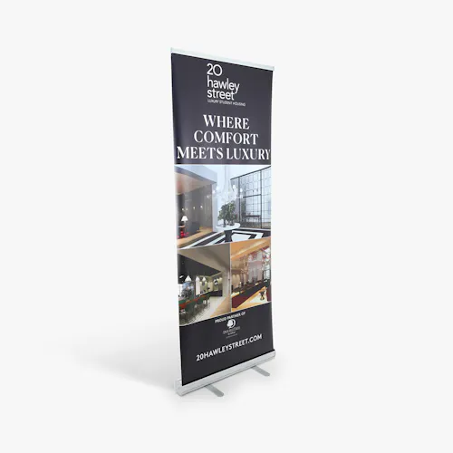 RETRACTABLE BANNER: 13 OZ SMOOTH VINYL - OPAQUE MATTE, 31.5 X 85" A real estate pop-up banner printed with 20 Hawley Street Where Comfort Meets Luxury above three floor plan images.