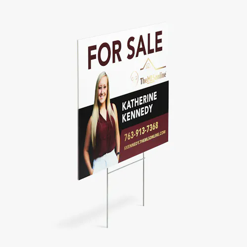 YARD SIGN: CORRUGATED PLASTIC 4MM, 24 X 18" A yard sign printed with For Sale in dark red with an image of a smiling woman and Katherine Kennedy in white.
