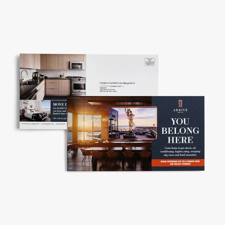 Two custom marketing mailers with real estate information overlapping each other.