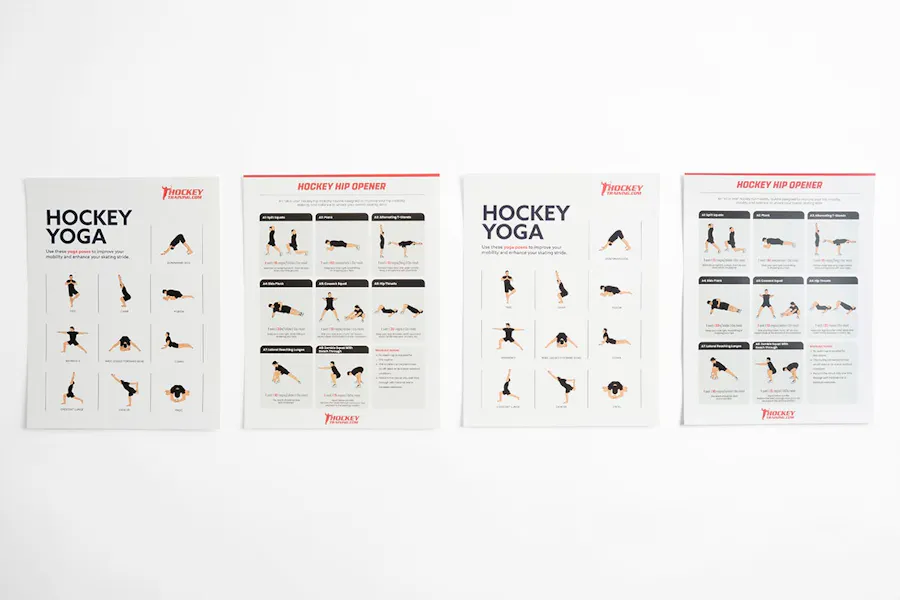 Four marketing posters featuring yoga poses for hockey players.