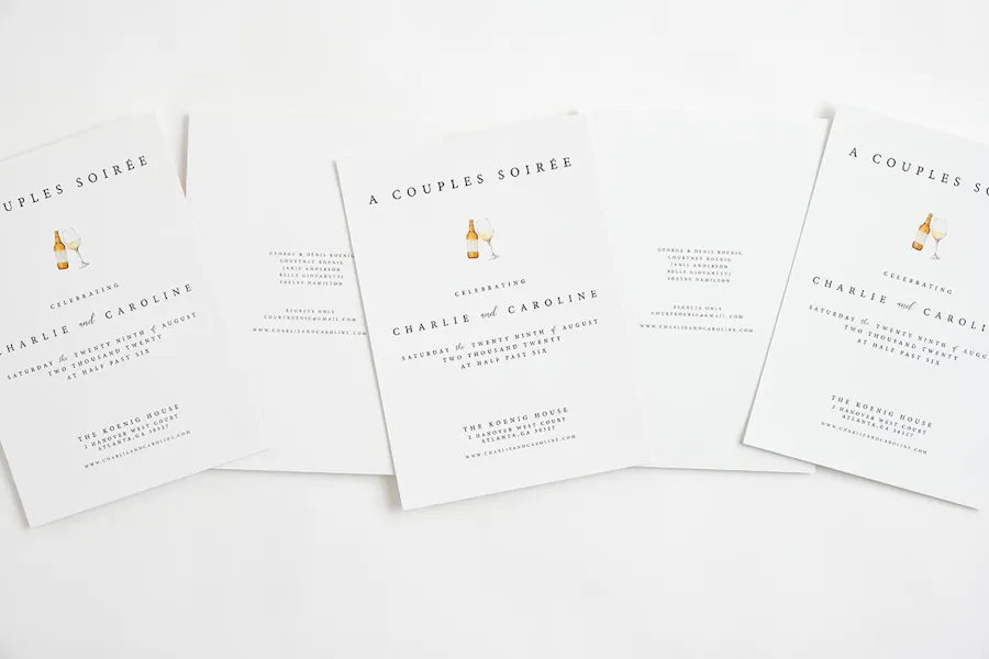 Five custom wedding invitations lined up in a row and printed with A Couples Soiree and beer and wine graphic.