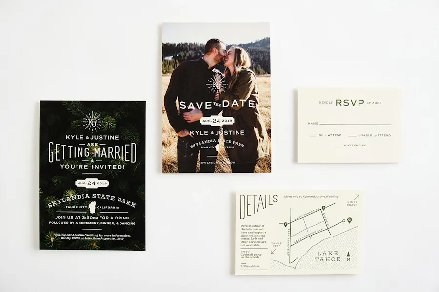A custom wedding suite with a save the date, invitation, RSVP card and map card.