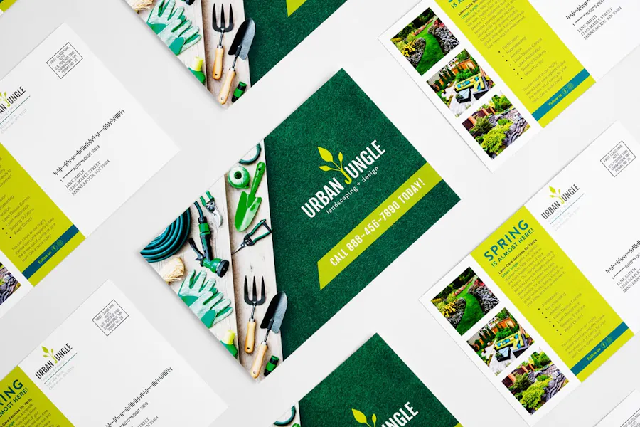 Lawn care direct mailers for Urban Jungle Landscaping lined up in rows with a green, yellow and white design.