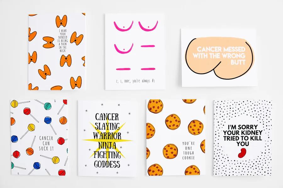 Seven custom cards with cancer-related phrases and designs in bright colors.