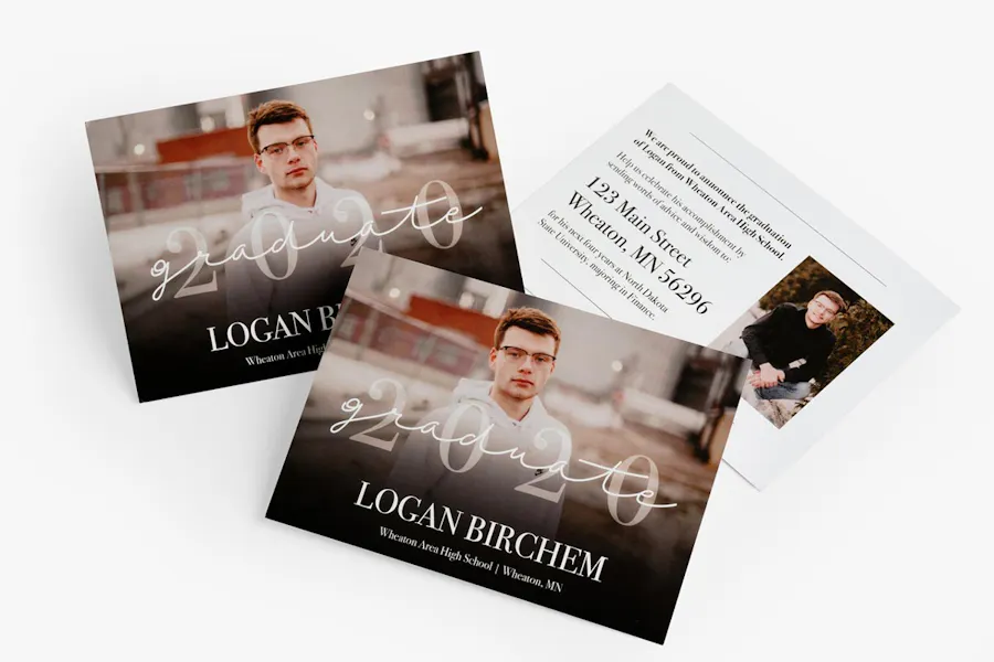 Three graduation announcements overlapping each other printed with an image of a boy wearing glasses and 2020 Graduate.
