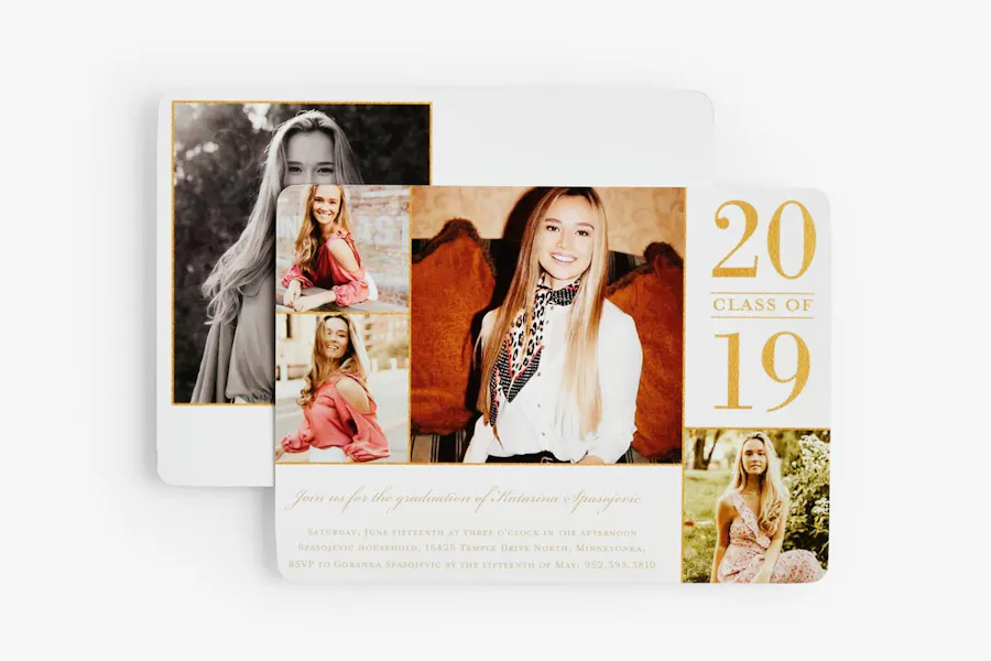 Two graduation invites overlapping each other printed with images of a smiling blonde girl and Class of 2019.