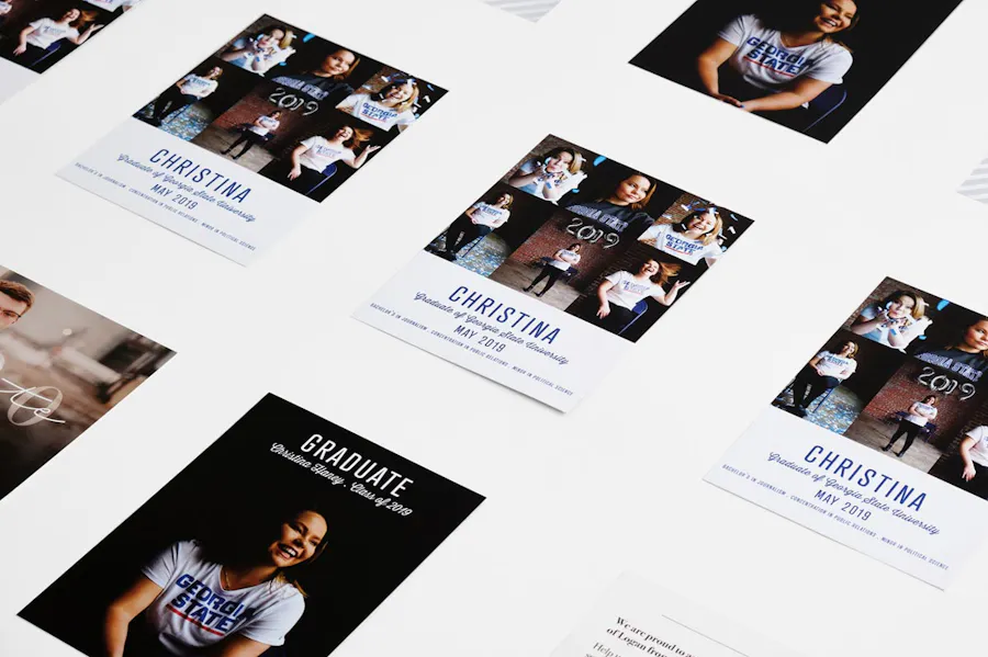 Three rows of custom graduation announcements printed with images of a smiling girl with dark hair and Christina.