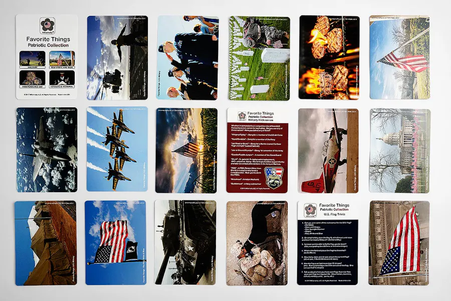 Three rows of collated cards designed with patriotic advertising and imagery like flags and military scenes.