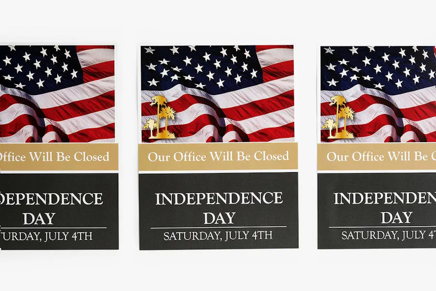 Three custom sell sheets with patriotic flag imagery and Our Office Will Be Closed in white letters.