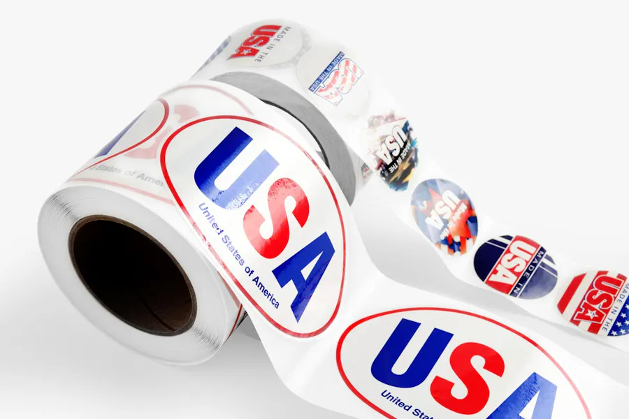 Custom roll labels printed with patriotic designs like USA and Made in the USA.