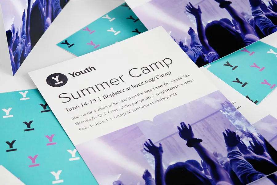 A collage of scattered youth summer camp postcards with an aqua, purple and white design.