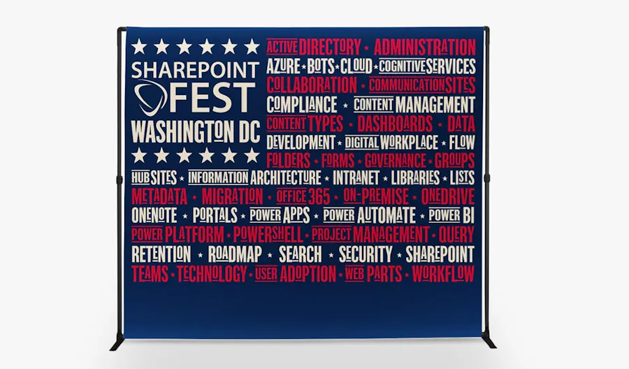A step and repeat banner with an American flag design.