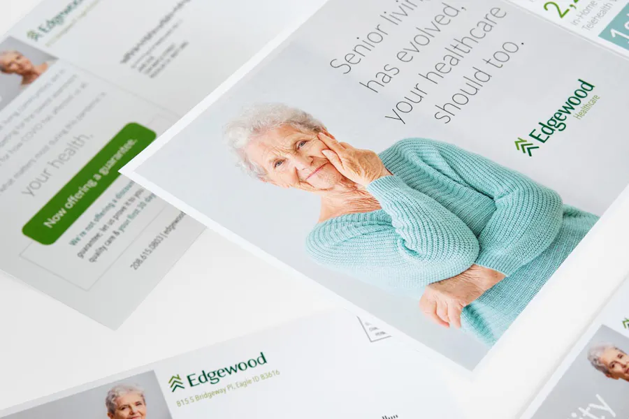 A collage of senior living direct mail postcards with an image of a woman wearing a teal shirt.