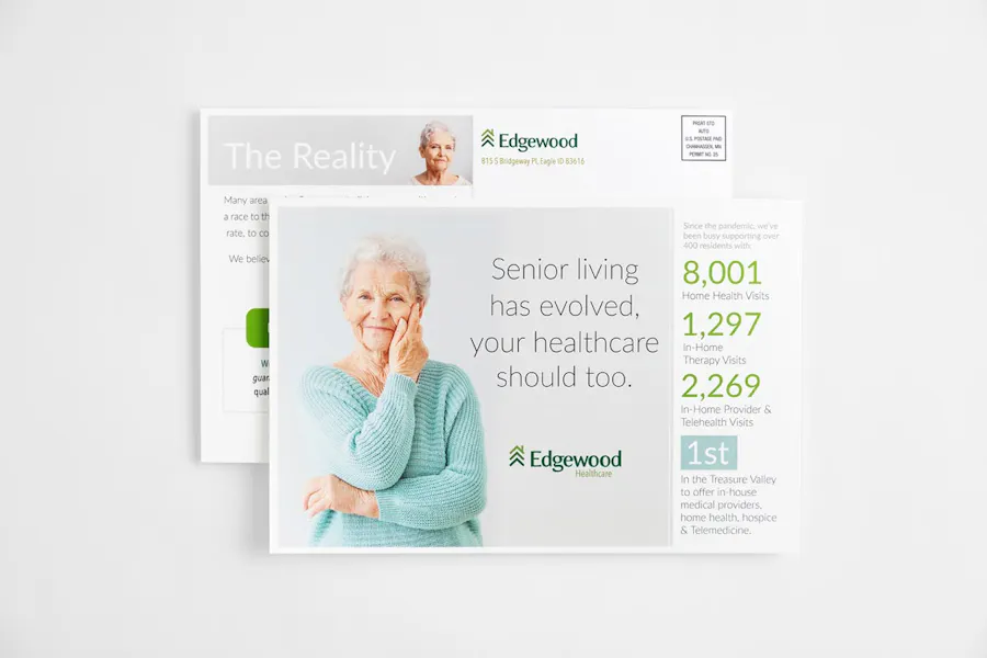 Two direct mail postcards designed for senior living advertising with an image of a woman wearing a teal shirt.