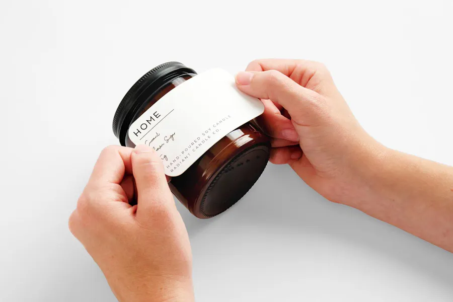 Two hands applying a custom printed label printed with Home to a candle in a dark jar.