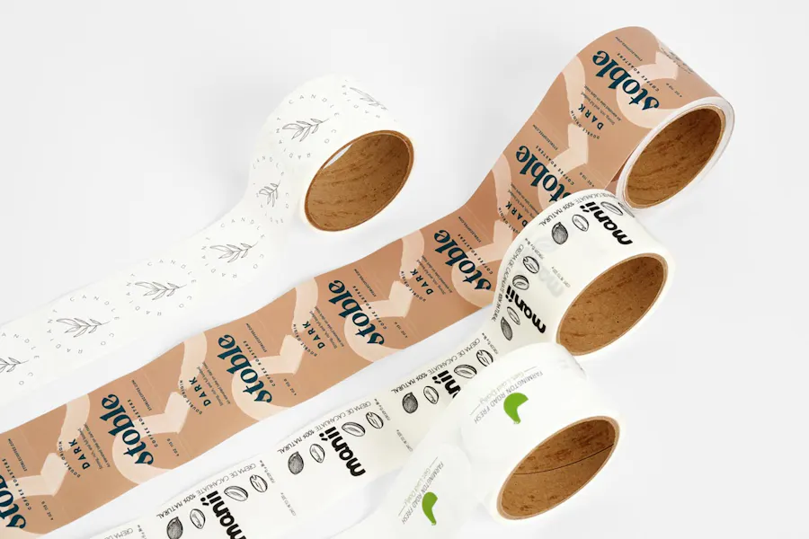 Four rolls of product labels with custom designs and in different shapes unrolling.