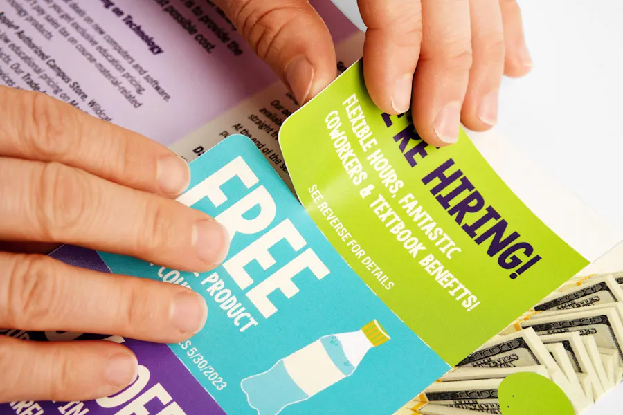 Two hands tearing coupons from a coupon mailer with a green, blue and purple design.