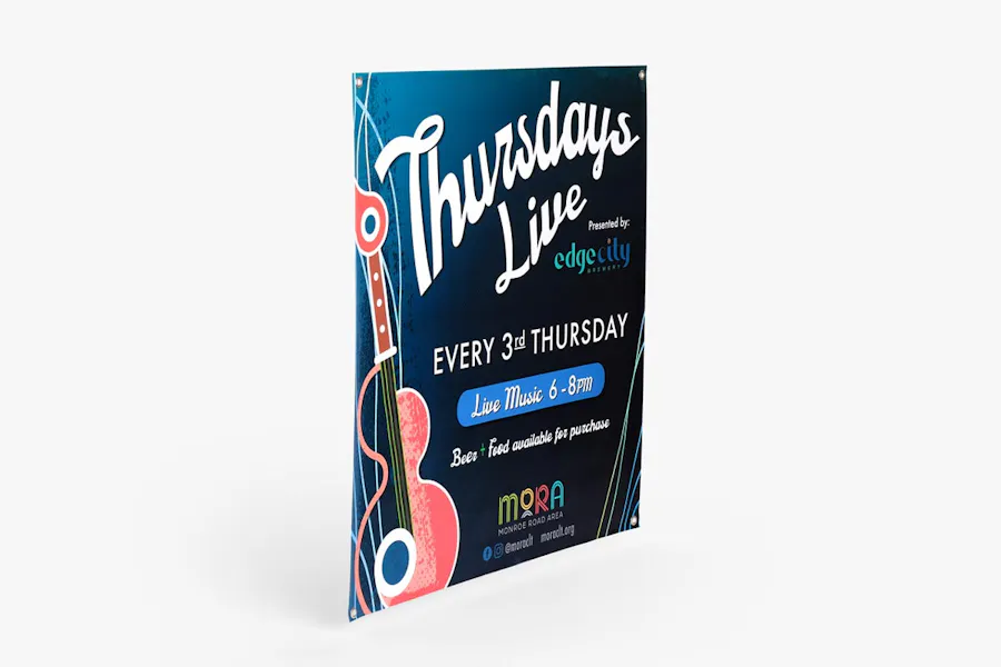An event marketing banner printed with Thursdays Live Every 3rd Thursday and a guitar graphic.