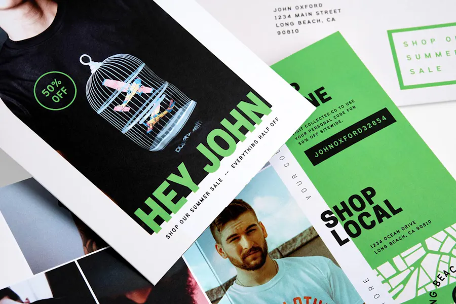 A collage of direct mail print pieces scattered on top of each other and printed with Hey, John and Shop Local.