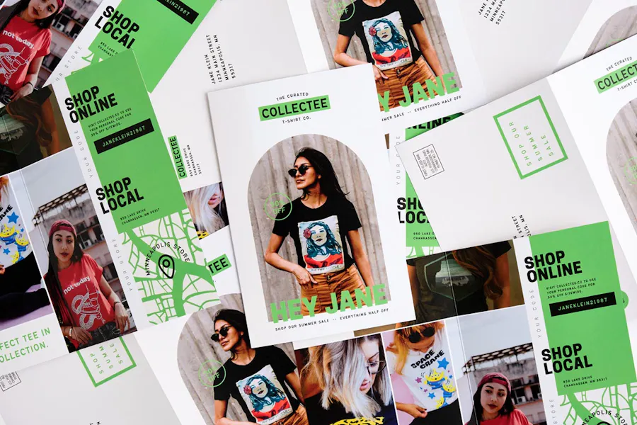 A collage of direct mail brochures printed with a green, black and white design and personalized marketing information.