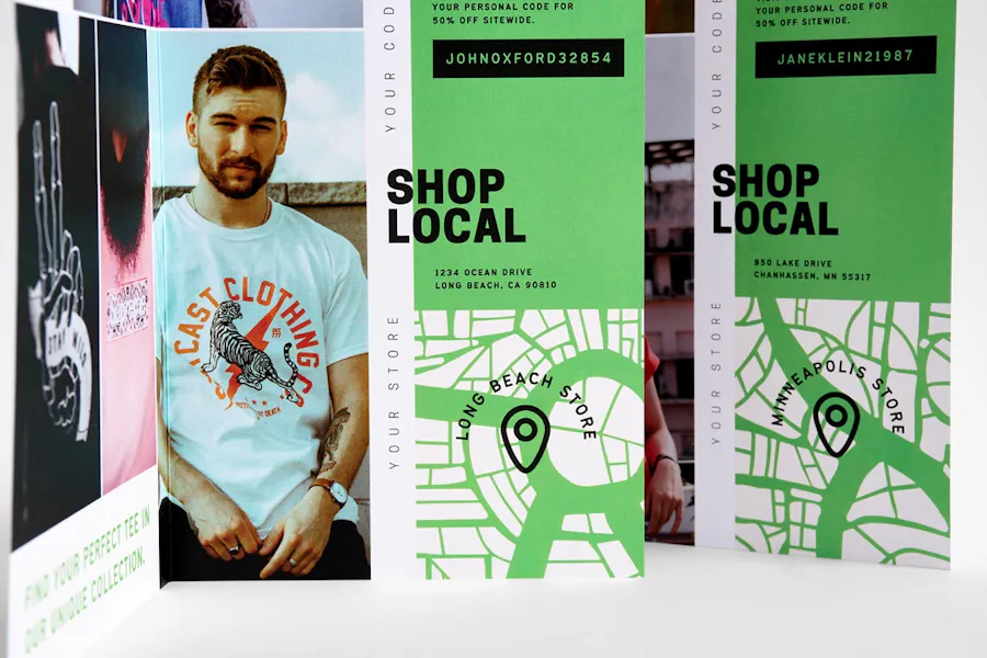 Two direct mail brochures printed with a map design and Shop Local on the front and a man in a teal T-shirt.